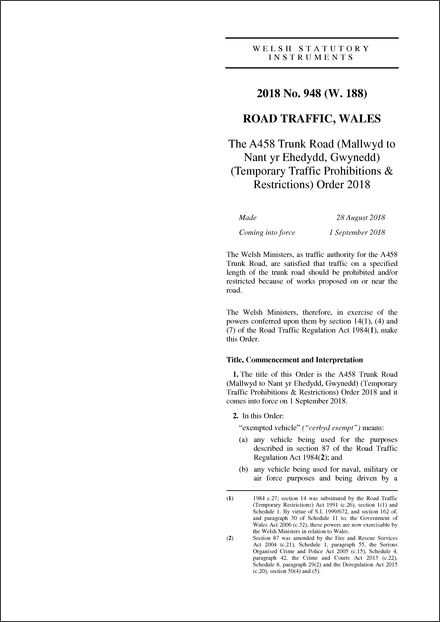 The A458 Trunk Road (Mallwyd to Nant yr Ehedydd, Gwynedd) (Temporary Traffic Prohibitions & Restrictions) Order 2018