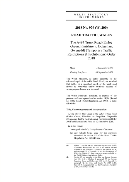 The A494 Trunk Road (Ewloe Green, Flintshire to Dolgellau, Gwynedd) (Temporary Traffic Restrictions & Prohibitions) Order 2018