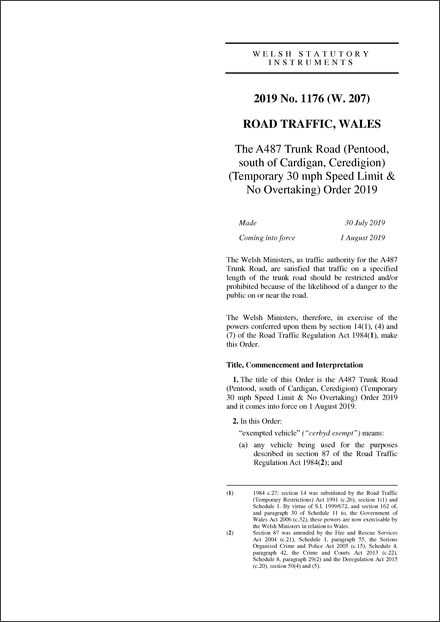 The A487 Trunk Road (Pentood, south of Cardigan, Ceredigion) (Temporary 30 mph Speed Limit & No Overtaking) Order 2019