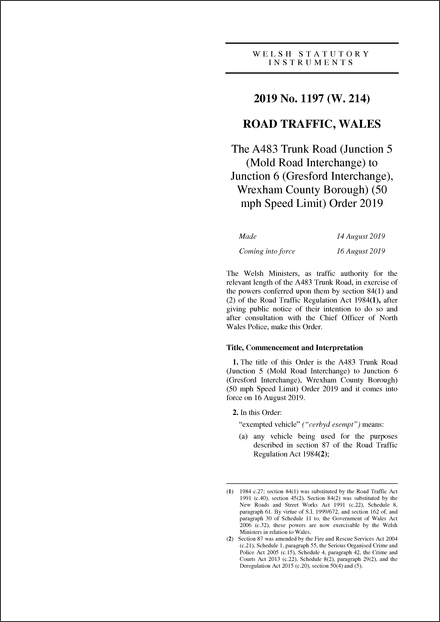 The A483 Trunk Road (Junction 5 (Mold Road Interchange) to Junction 6 (Gresford Interchange), Wrexham County Borough) (50 mph Speed Limit) Order 2019