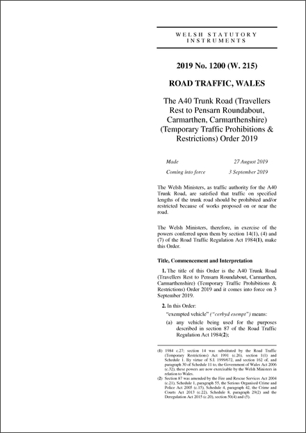 The A40 Trunk Road (Travellers Rest to Pensarn Roundabout, Carmarthen, Carmarthenshire) (Temporary Traffic Prohibitions & Restrictions) Order 2019