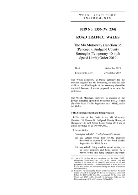 The M4 Motorway (Junction 35 (Pencoed), Bridgend County Borough) (Temporary 40 mph Speed Limit) Order 2019