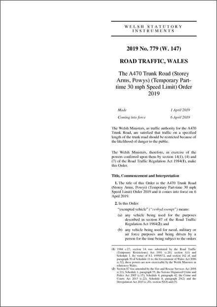 The A470 Trunk Road (Storey Arms, Powys) (Temporary Part-time 30 mph Speed Limit) Order 2019