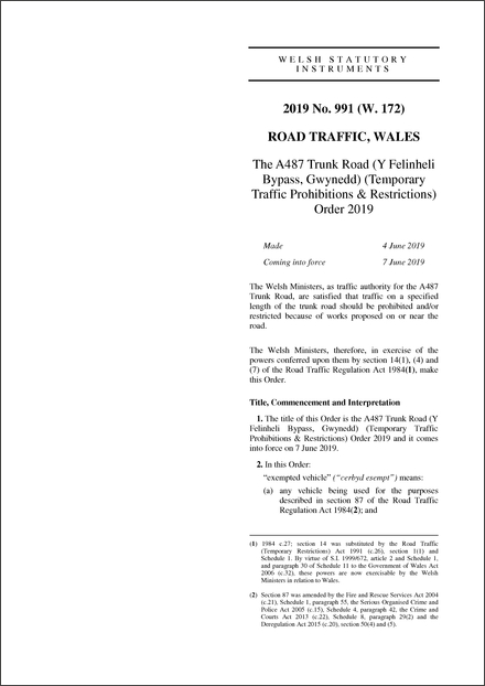 The A487 Trunk Road (Y Felinheli Bypass, Gwynedd) (Temporary Traffic Prohibitions & Restrictions) Order 2019