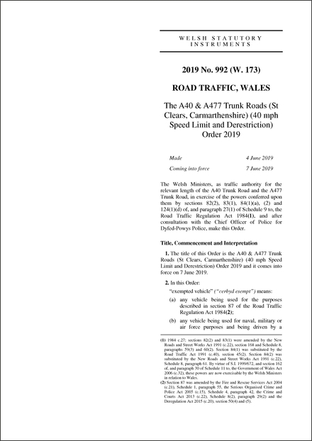 The A40 & A477 Trunk Roads (St Clears, Carmarthenshire) (40 mph Speed Limit and Derestriction) Order 2019