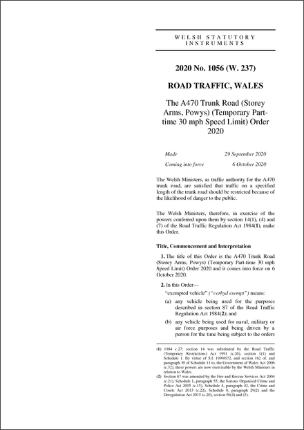 The A470 Trunk Road (Storey Arms, Powys) (Temporary Part-time 30 mph Speed Limit) Order 2020