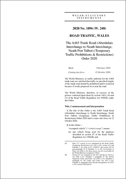 The A465 Trunk Road (Aberdulais Interchange to Neath Interchange, Neath Port Talbot) (Temporary Traffic Prohibitions & Restrictions) Order 2020