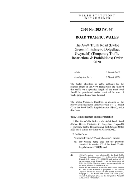 The A494 Trunk Road (Ewloe Green, Flintshire to Dolgellau, Gwynedd) (Temporary Traffic Restrictions & Prohibitions) Order 2020