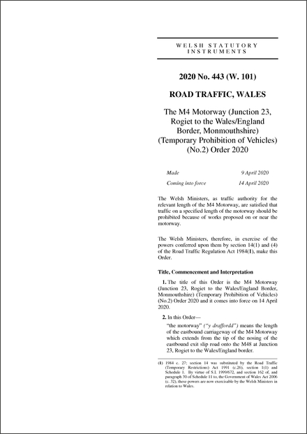 The M4 Motorway (Junction 23, Rogiet to the Wales/England Border, Monmouthshire) (Temporary Prohibition of Vehicles) (No.2) Order 2020