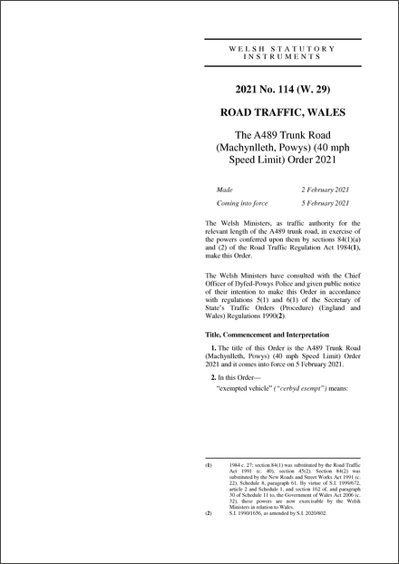 The A489 Trunk Road (Machynlleth, Powys) (40 mph Speed Limit) Order 2021