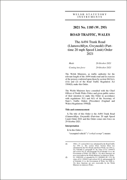 The A494 Trunk Road (Llanuwchllyn, Gwynedd) (Part-time 20 mph Speed Limit) Order 2021