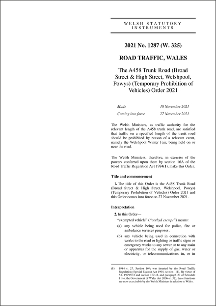 The A458 Trunk Road (Broad Street & High Street, Welshpool, Powys) (Temporary Prohibition of Vehicles) Order 2021