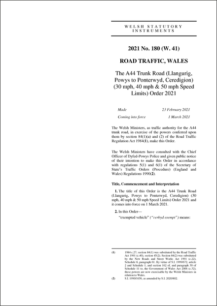The A44 Trunk Road (Llangurig, Powys to Ponterwyd, Ceredigion) (30 mph, 40 mph & 50 mph Speed Limits) Order 2021