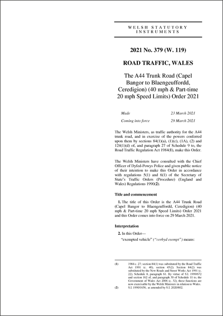 The A44 Trunk Road (Capel Bangor to Blaengeuffordd, Ceredigion) (40 mph & Part-time 20 mph Speed Limits) Order 2021