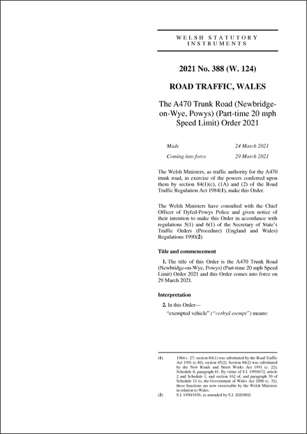 The A470 Trunk Road (Newbridge-on-Wye, Powys) (Part-time 20 mph Speed Limit) Order 2021