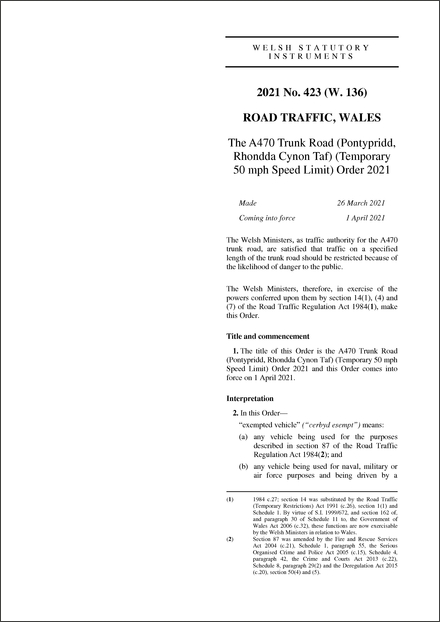 The A470 Trunk Road (Pontypridd, Rhondda Cynon Taf) (Temporary 50 mph Speed Limit) Order 2021