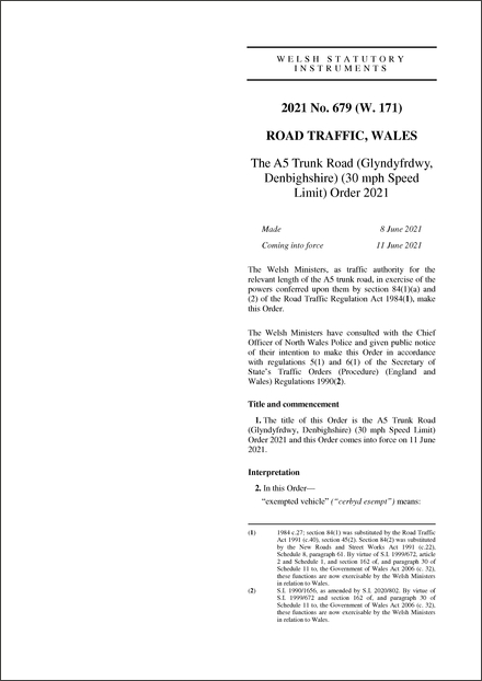 The A5 Trunk Road (Glyndyfrdwy, Denbighshire) (30 mph Speed Limit) Order 2021