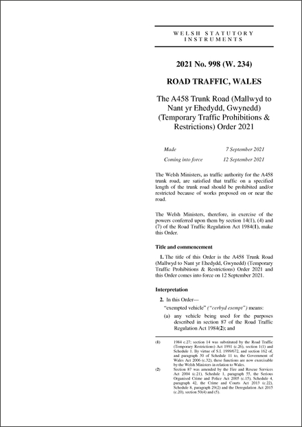The A458 Trunk Road (Mallwyd to Nant yr Ehedydd, Gwynedd) (Temporary Traffic Prohibitions & Restrictions) Order 2021