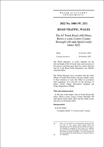 The A5 Trunk Road (Allt Dinas, Betws-y-coed, Conwy County Borough) (40 mph Speed Limit) Order 2022