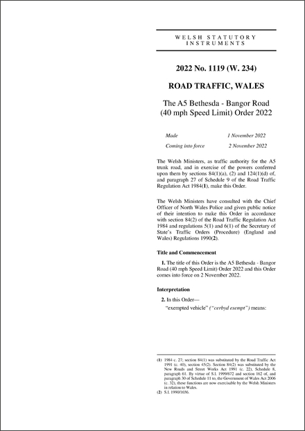 The A5 Bethesda - Bangor Road (40 mph Speed Limit) Order 2022
