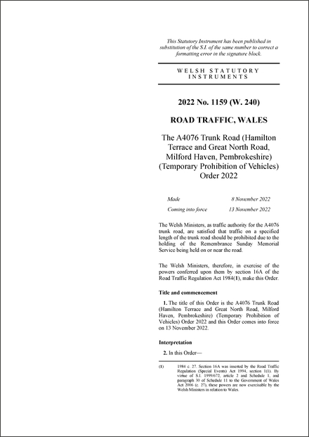 The A4076 Trunk Road (Hamilton Terrace and Great North Road, Milford Haven, Pembrokeshire) (Temporary Prohibition of Vehicles) Order 2022