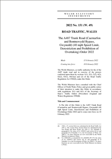 The A487 Trunk Road (Caernarfon and Bontnewydd Bypass, Gwynedd) (40 mph Speed Limit, Derestriction and Prohibition of Overtaking) Order 2022