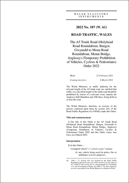 The A5 Trunk Road (Holyhead Road Roundabout, Bangor, Gwynedd to Mona Road Roundabout, Menai Bridge, Anglesey) (Temporary Prohibition of Vehicles, Cyclists & Pedestrians) Order 2022