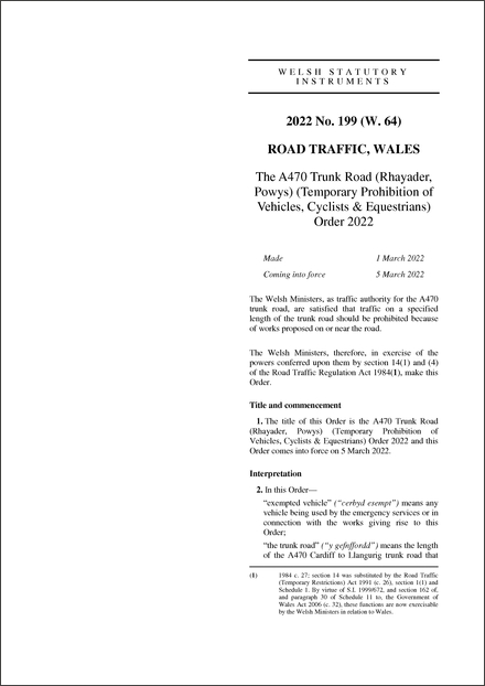 The A470 Trunk Road (Rhayader, Powys) (Temporary Prohibition of Vehicles, Cyclists & Equestrians) Order 2022