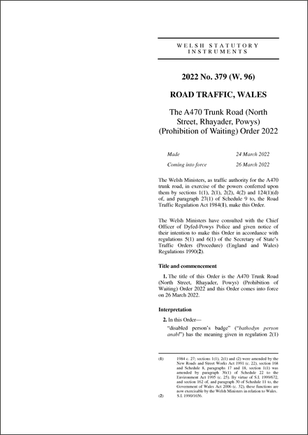 The A470 Trunk Road (North Street, Rhayader, Powys) (Prohibition of Waiting) Order 2022