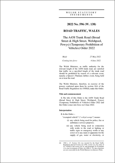 The A458 Trunk Road (Broad Street & High Street, Welshpool, Powys) (Temporary Prohibition of Vehicles) Order 2022