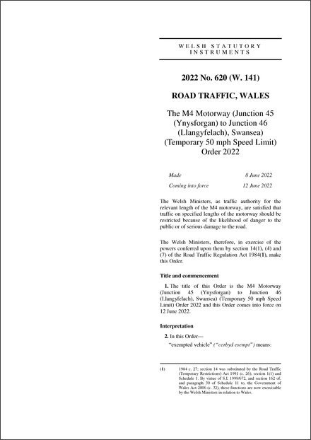 The M4 Motorway (Junction 45 (Ynysforgan) to Junction 46 (Llangyfelach), Swansea) (Temporary 50 mph Speed Limit) Order 2022