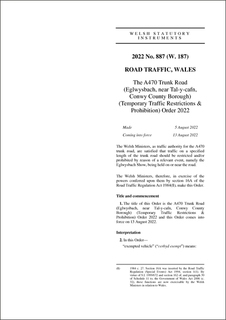 The A470 Trunk Road (Eglwysbach, near Tal-y-cafn, Conwy County Borough) (Temporary Traffic Restrictions & Prohibition) Order 2022