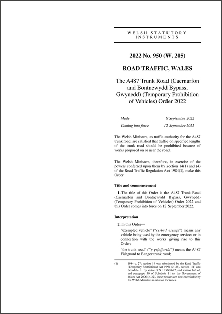 The A487 Trunk Road (Caernarfon and Bontnewydd Bypass, Gwynedd) (Temporary Prohibition of Vehicles) Order 2022