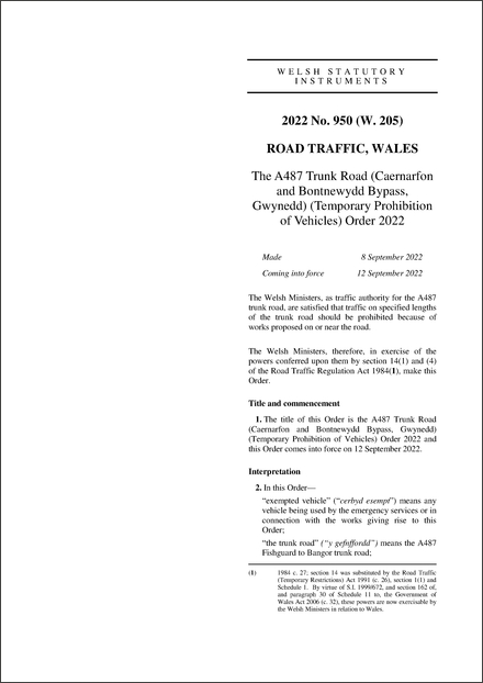 The A487 Trunk Road (Caernarfon and Bontnewydd Bypass, Gwynedd) (Temporary Prohibition of Vehicles) Order 2022