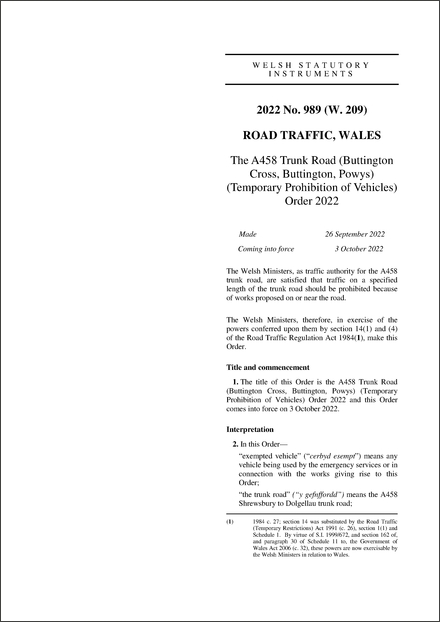The A458 Trunk Road (Buttington Cross, Buttington, Powys) (Temporary Prohibition of Vehicles) Order 2022