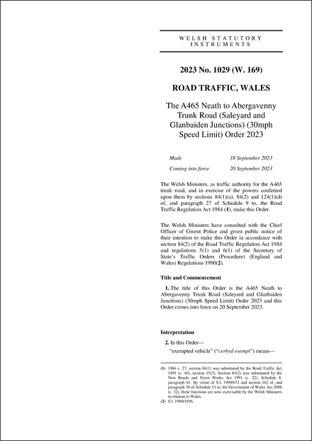 The A465 Neath to Abergavenny Trunk Road (Saleyard and Glanbaiden Junctions) (30mph Speed Limit) Order 2023