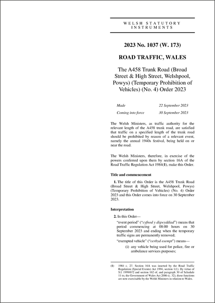 The A458 Trunk Road (Broad Street & High Street, Welshpool, Powys) (Temporary Prohibition of Vehicles) (No. 4) Order 2023