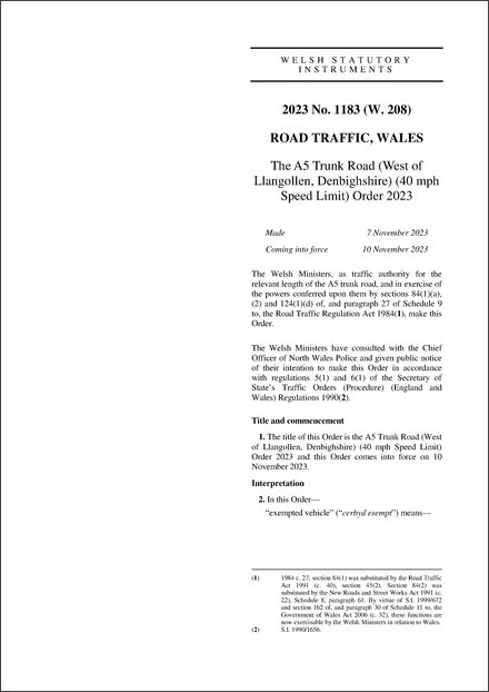 The A5 Trunk Road (West of Llangollen, Denbighshire) (40 mph Speed Limit) Order 2023