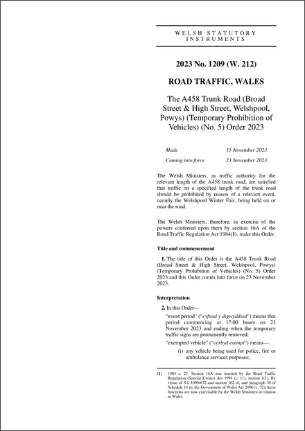The A458 Trunk Road (Broad Street & High Street, Welshpool, Powys) (Temporary Prohibition of Vehicles) (No. 5) Order 2023