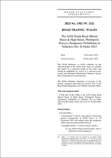 The A458 Trunk Road (Broad Street & High Street, Welshpool, Powys) (Temporary Prohibition of Vehicles) (No. 6) Order 2023