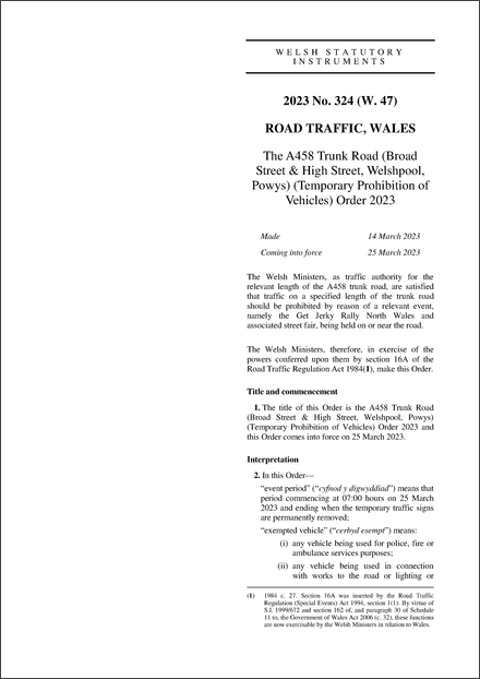 The A458 Trunk Road (Broad Street & High Street, Welshpool, Powys) (Temporary Prohibition of Vehicles) Order 2023