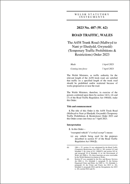 The A458 Trunk Road (Mallwyd to Nant yr Ehedydd, Gwynedd) (Temporary Traffic Prohibitions & Restrictions) Order 2023
