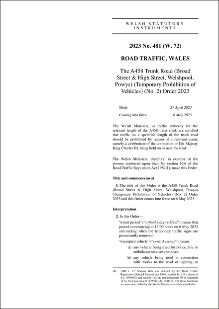 The A458 Trunk Road (Broad Street & High Street, Welshpool, Powys) (Temporary Prohibition of Vehicles) (No. 2) Order 2023