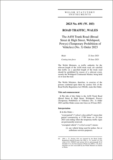 The A458 Trunk Road (Broad Street & High Street, Welshpool, Powys) (Temporary Prohibition of Vehicles) (No. 3) Order 2023