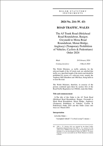 The A5 Trunk Road (Holyhead Road Roundabout, Bangor, Gwynedd to Mona Road Roundabout, Menai Bridge, Anglesey) (Temporary Prohibition of Vehicles, Cyclists & Pedestrians) Order 2024