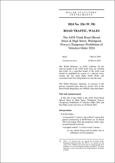The A458 Trunk Road (Broad Street & High Street, Welshpool, Powys) (Temporary Prohibition of Vehicles) Order 2024