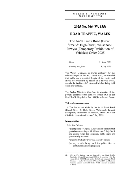 The A458 Trunk Road (Broad Street & High Street, Welshpool, Powys) (Temporary Prohibition of Vehicles) Order 2025
