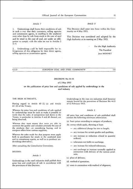 ECSC High Authority: Decision No 31-53 of 2 May 1953 on the publication of price lists and conditions of sale applied by undertakings in the steel industry