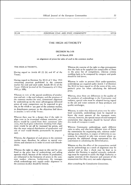 ECSC High Authority: Decision No 3/58 of 18 March 1958 on alignment of prices for sales of coal in the common market