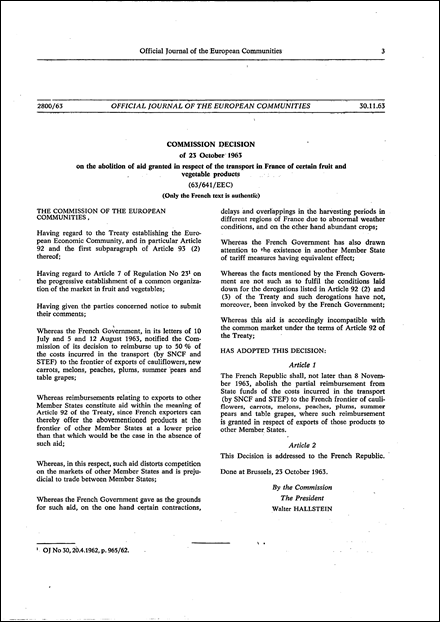 Commission Decision of 23 October 1963 on the abolition of aid granted in respect of the transport in France of certain fruit and vegetable products